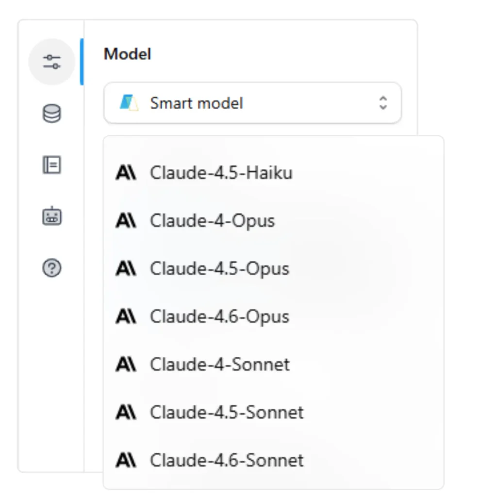 The image displays a user interface element labeled "Model" with a dropdown menu showcasing various Claude AI models, including Claude-4.5-Haiku, Claude-4-Opus, Claude-4.5-Opus, Claude-4.6-Opus, Claude-4-Sonnet, Claude-4.5-Sonnet, and Claude-4.6-Sonnet. The "Smart model" option is currently selected.
