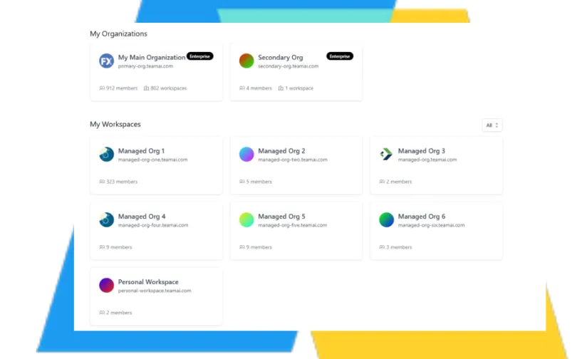 This image displays a dashboard interface, likely for a cloud or organizational management platform, showcasing a list of various organizations and workspaces. The top section lists two "My Teams Organization" and "Secondary Org" with associated email addresses and follower counts. Below, a grid of "Managed Org" entries is presented, each with a unique identifier, email, and follower count. The bottom section features a "Personal Workspace" entry. The overall design is clean and modern, utilizing a white background with colorful accents in blue and yellow at the top and bottom edges.