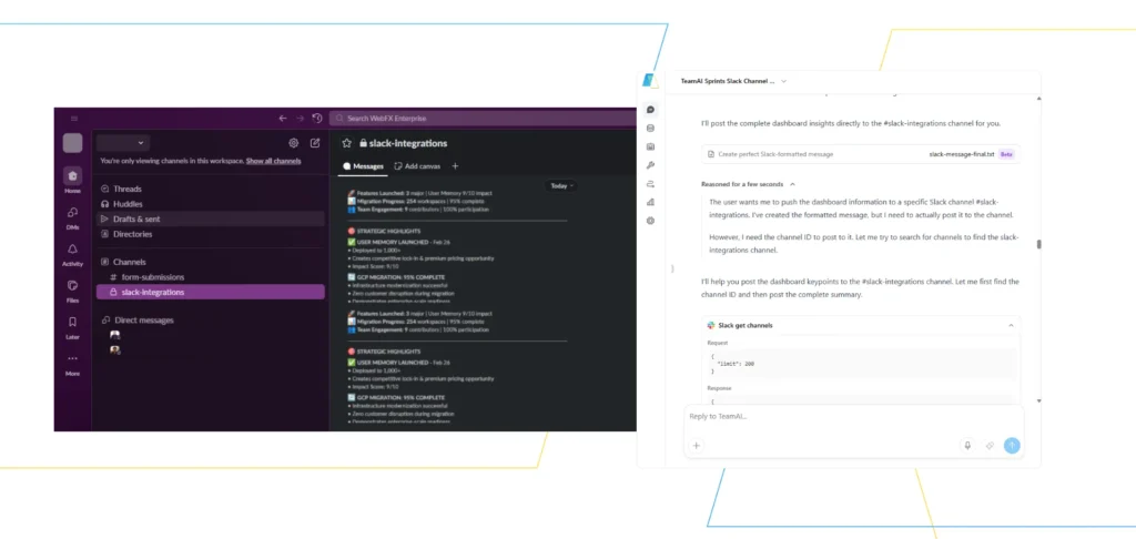 The image displays a split-screen view of a dark-themed user interface on the left and a white-themed interface on the right. The left side shows a communication or project management platform with a sidebar menu, a list of messages or tasks, and a header indicating "Audit Integrations." The right side features a form or settings panel with fields for input, checkboxes, and a section labeled "List of items."