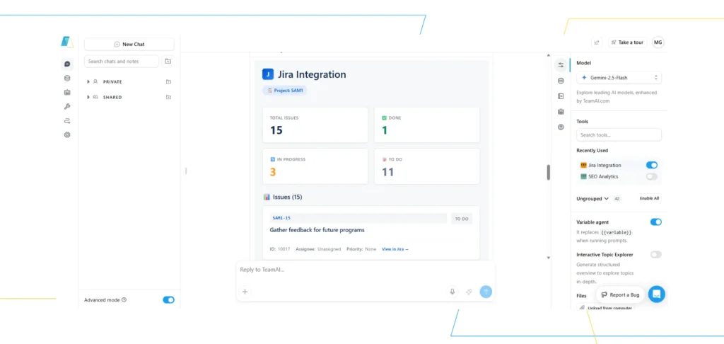 A screenshot shows a Jira integration dashboard with key metrics displayed, including 'Open Issues' at 15, 'Resolved' at 1, 'In Progress' at 3, and 'Due Date' at 15. The dashboard also features a section for 'Online Feedback for Future Programs'.