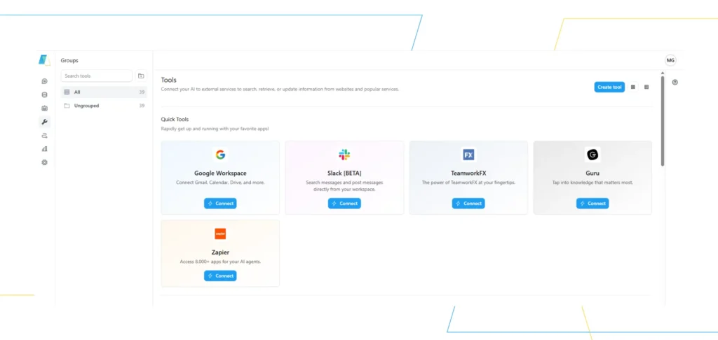 This image displays a selection of popular productivity and collaboration tools, including Google Workspace, Slack, and Teams. Each tool is presented with its logo, a brief description, and a call-to-action button, suggesting a platform for integrating or managing these services.