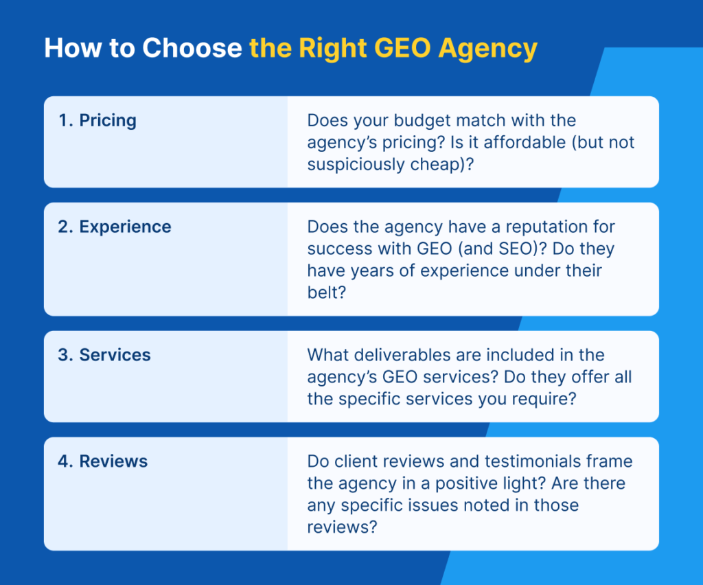 This infographic outlines key factors to consider when selecting a GEO agency, including pricing, experience, services offered, and client reviews. It poses specific questions for each factor to guide the decision-making process.