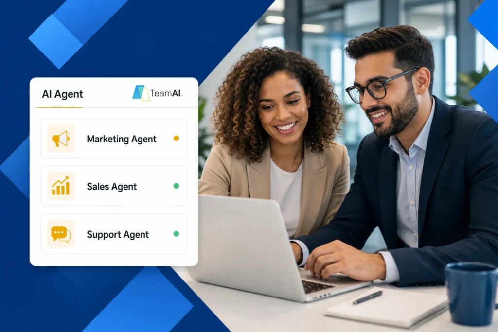 A diverse team of professionals collaborates around a laptop, with a UI overlay showcasing "AI Agent" options like Marketing, Sales, and Support Agents, suggesting a focus on AI-driven business solutions.