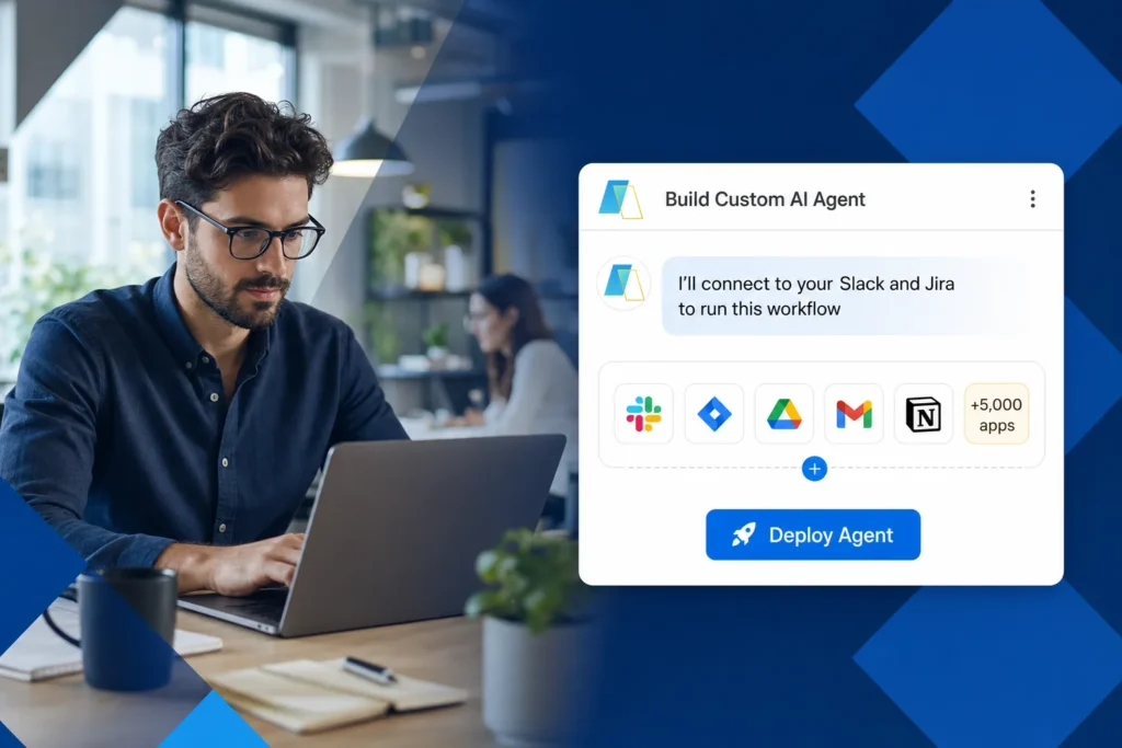 A man in glasses is working on a laptop in an office environment. A pop-up window on the screen shows an interface for building a custom AI agent, which can connect to various apps like Slack, Jira, Google Drive, and Gmail, with an option to deploy the agent.