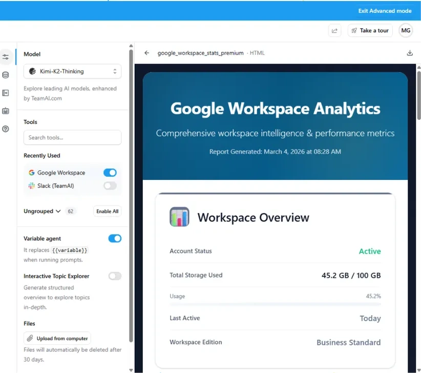 TeamAI chat with the Google Workspace tool on, next to a Google Workspace Analytics report
