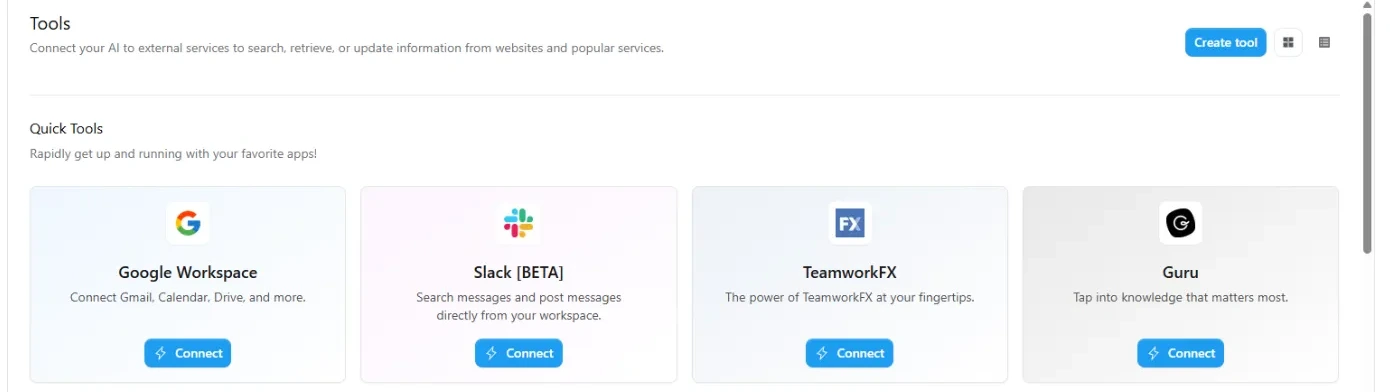 TeamAI Tools page with quick-connect cards for Google Workspace, Slack, TeamworkFX, Guru and Zapier