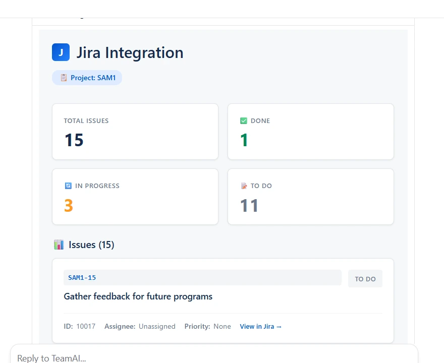 Jira Integration dashboard in TeamAI showing issue counts, with the Jira tool switched on