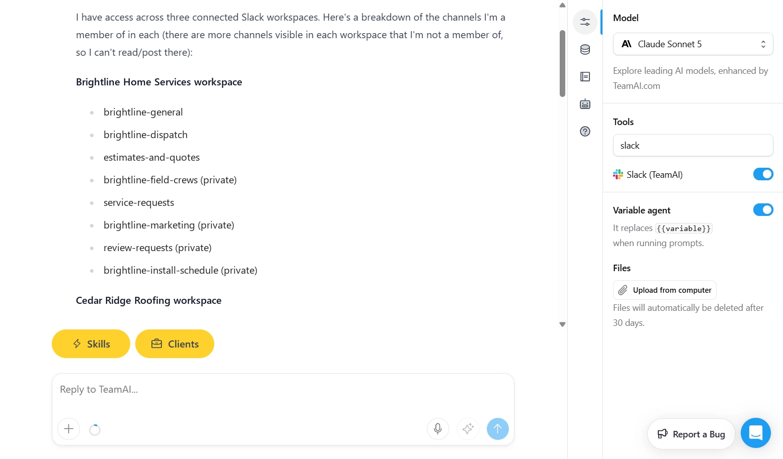 TeamAI chat reading Slack channels with the Slack tool switched on